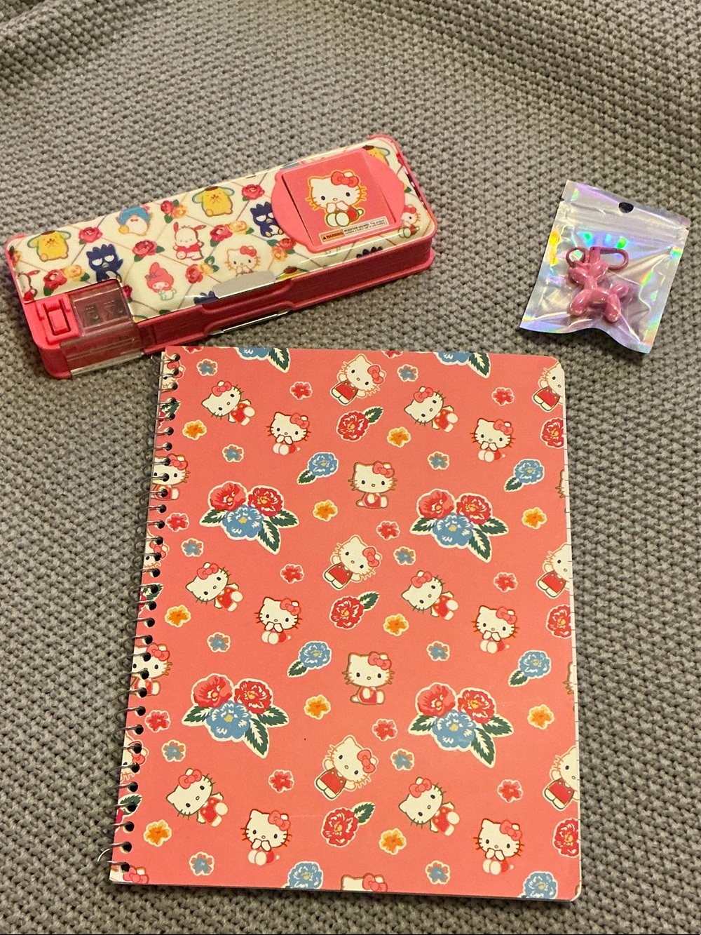 Hello Kitty (3)Pc Pink Floral Pencil Case & Notebook Set & Balloon Dog Keychain